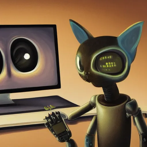 Prompt: cute alien robot cat working at computer, detailed painting in the style of ralph mcquarrie 4 k