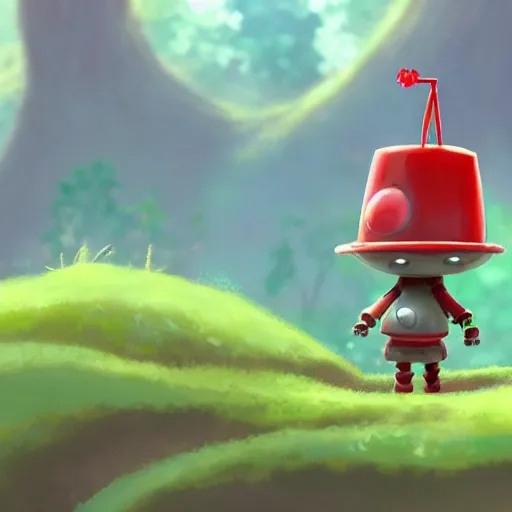 Prompt: cute little robot with tomato hat and one chive in one hand, made in abyss style, standing on a forest