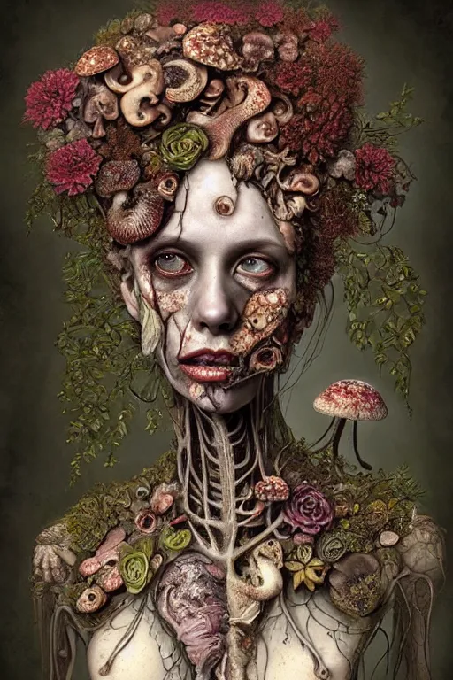 Image similar to beautiful and detailed rotten woman corpse with fractal plants and fractal flowers and mushrooms growing around, face muscles, veins, arteries, intricate, ornate, surreal, ray caesar, john constable, guy denning, dan hillier