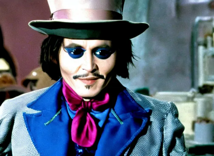 Image similar to film still of Johnny Depp as Willy Wonka in Willy Wonka and the Chocolate Factory 1971