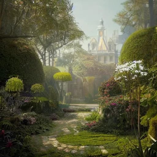 Image similar to beautiful gardens, realistic, 8 k, extremely detailed, cgi, trending on artstation, hyper - realistic render, by greg rutkowski