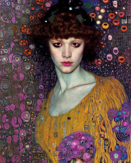 Prompt: a beautiful cyberpunk girl surrounded by colourful patterns and flowers, by gustave klimt and edgar maxence and caravaggio and michael whelan, artistic, intricate drawing, light brazen, realistic fantasy, extremely detailed and beautiful aesthetic face, 8 k resolution, dramatic lighting