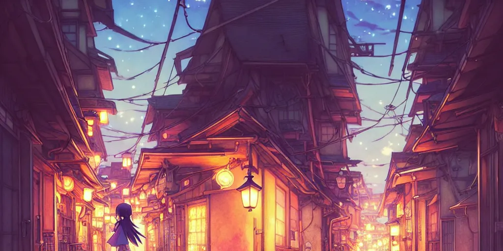 Prompt: the girl and the alley. anime, cozy village, at night after rain, clear night sky, lanterns. by hayao miyazaki and rossdraws and artgerm and greg rutkowski and alphonse mucha. anime production by studio ghibli. high quality, stunning, intricate detailed environment. 8 k