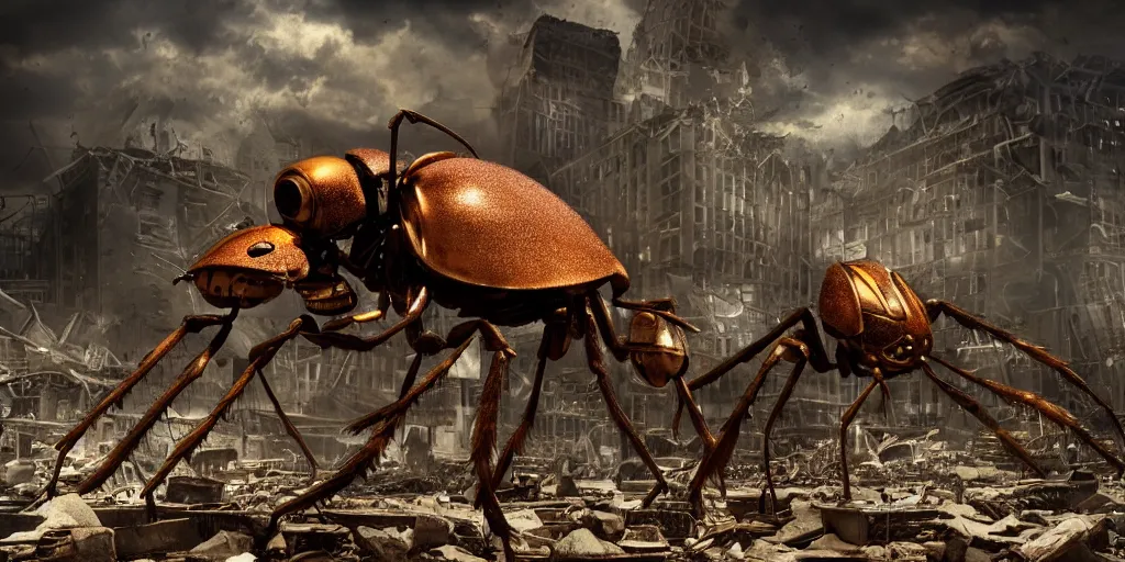 Prompt: giant steampunk ant in a destroyed city, 8 k, moody lighting, shallow depth of field,