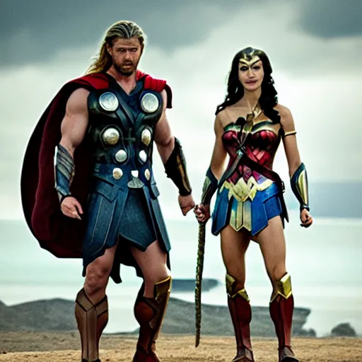 Image similar to chris hemsworth as thor, and gaul gadot as wonder woman, romantic movie scene, kissing, making out, photo