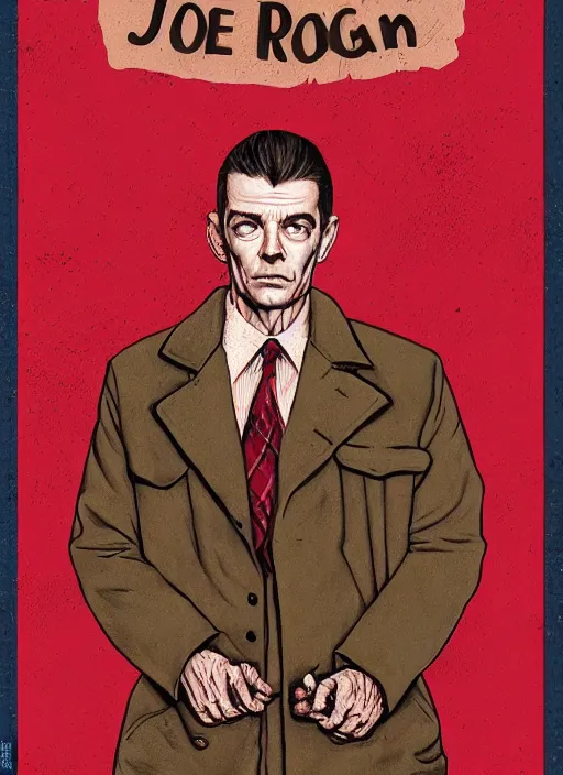 Image similar to Twin Peaks poster artwork by Michael Whelan and Bob Larkin, of portrait of Joe Rogan in red flannel, from scene from Twin Peaks, clean, simple illustration, nostalgic, domestic