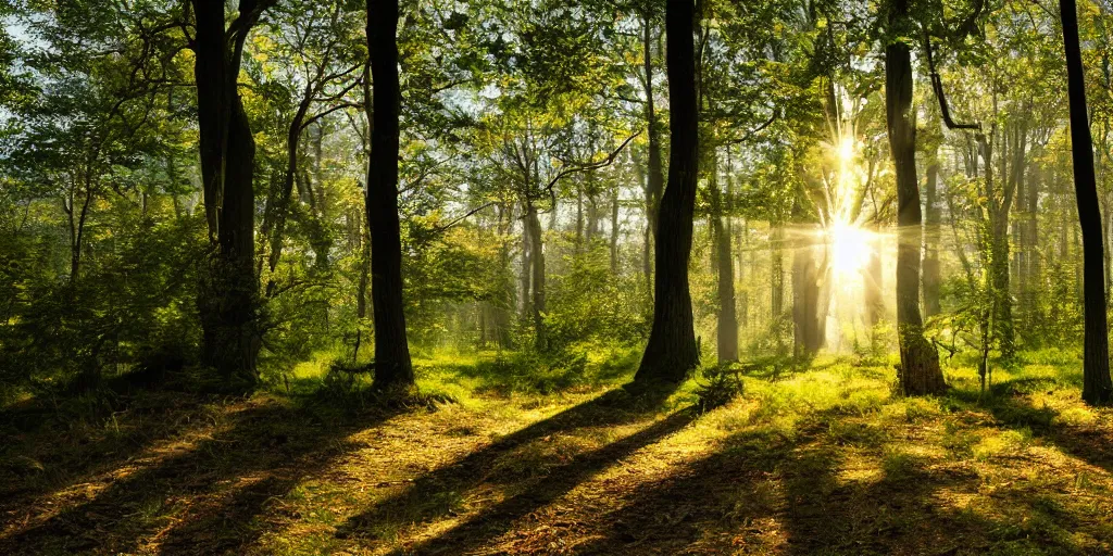 Image similar to A photorealistic landscape of a beautiful and serene forest, with the sunlight shining through the trees and casting a dappled light on the ground, in a peaceful and calming style.