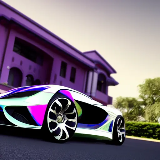 Prompt: iridescent pearl colored supercar, black spoiler, white rims, purple tinted windows, mansion in background, 8 k, octane render, ultra detailed, intricate