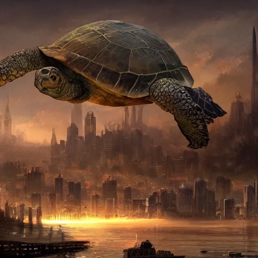 Image similar to A city built on the back of a giant turtle, fantastic, epic composition, volumetrics, highly detailed, concept art, by Viktor Miller-Gausa and Alyn Spiller