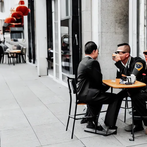 Prompt: special forces soldiers in black suits sitting at the cafe and drinking coffee