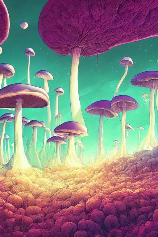 Image similar to concept art painting of an alien world with mushroom forests, artgerm, moebius, inio asano, toon shading, cel shading, calm, tranquil, vaporwave colors,