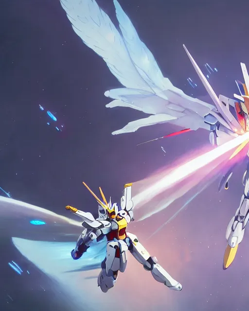 Image similar to highly detailed vfx portrait of an angelic gundam with wings of feathers beam saber fighting in space with a beam gun, unreal engine, greg rutkowski, loish, rhads, beeple, makoto shinkai and lois van baarle, ilya kuvshinov, rossdraws, tom bagshaw, alphonse mucha, global illumination, detailed and intricate environment