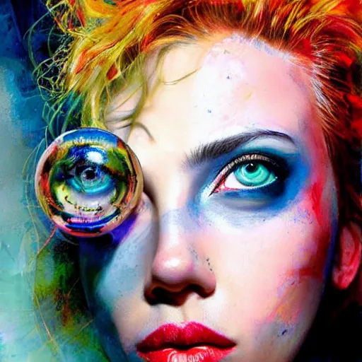 Prompt: drunken scarlett johansson as delirium from sandman, ( hallucinating colorful soap bubbles ), by jeremy mann, by sandra chevrier, by dave mckean and richard avedon and maciej kuciara, punk rock, tank girl, high detailed, green eye and blue eye, 8 k