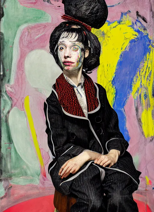 Image similar to portrait of a nervous girl harlequin sitting on a stool, by vincent lefevre and hernan bas and pat steir and hilma af klint, psychological, photorealistic, symmetrical face, dripping paint, washy brush, threads, rendered in octane, altermodern, masterpiece