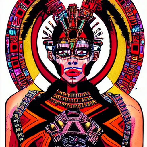 Image similar to portrait of mad aztec queen, symmetrical, by juan gimenez