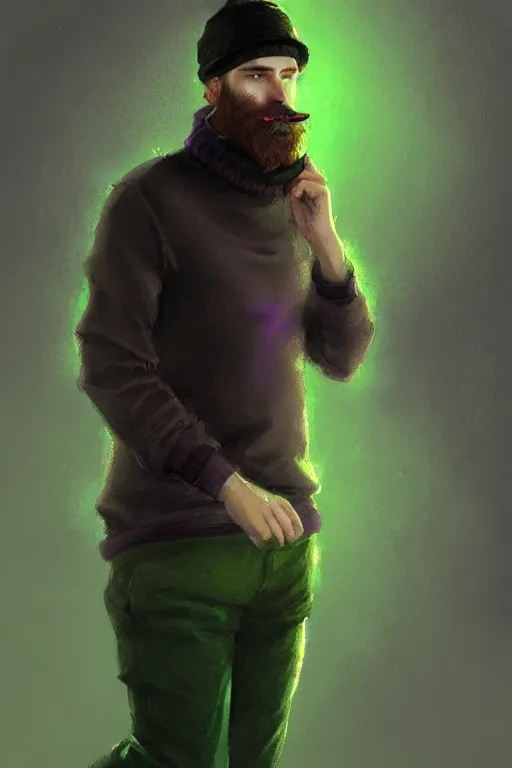 Prompt: a young man with a chin - style brown beard in black cap, light green turtleneck, purple pants and in a white sneakers, decorated, high fantasy, sharp focus, intricate, elegant, digital painting, artstation, matte, highly detailed, concept art, illustration, ambient lighting, art by bastien deharme