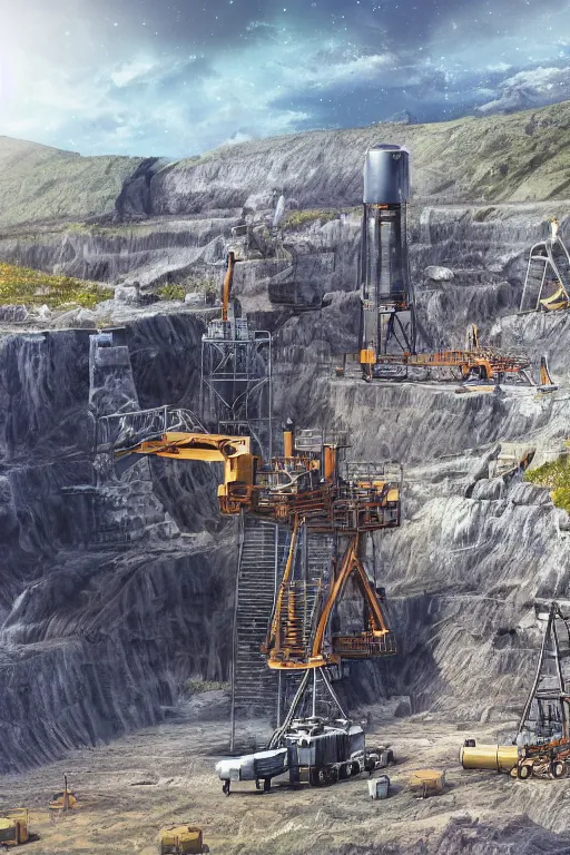 Prompt: the blackhole quarry, mining, drilling machinery, fantasy, magic, 4 k, ultra realistic, celshaded art