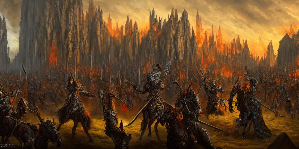 Image similar to highly detailed portrait painting of an ancient elves on hell horses war battle, abbey warhammer battle, old abbey in the background, carhedrals, giant columns, by eddie mendoza and tyler edlin, 8 k resolution