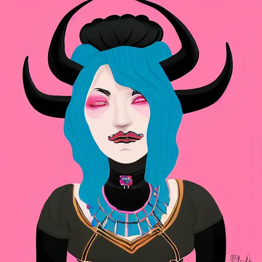 Image similar to illustrated portrait of ram-horned devil woman with blue bob hairstyle and hex #FFA500 colored skin tone and with solid black eyes wearing leather by rossdraws