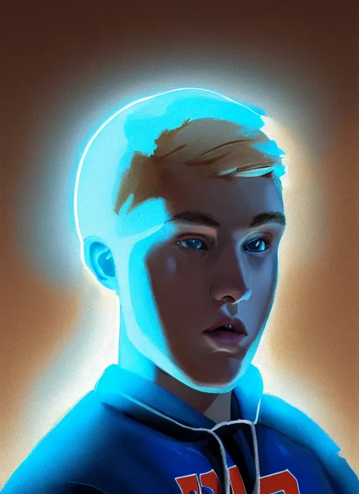 Image similar to portrait of high school senior boy named big moose, blonde short hair, jock, beefy, wide face, square jaw, square facial structure, blue varsity jacket with letter r, intricate, elegant, glowing lights, highly detailed, digital painting, artstation, concept art, sharp focus, illustration, art by wlop, mars ravelo and greg rutkowski