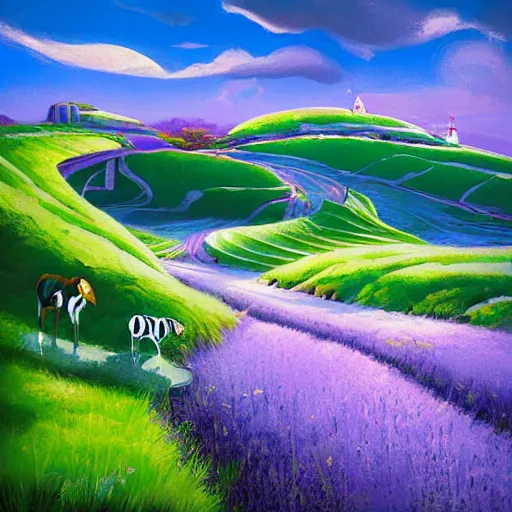 Image similar to A beautiful street art of of a landscape. It is a stylized and colorful view of an idyllic, dreamlike world with rolling hills, peaceful looking animals, and a flowing river. The scene looks like it could be from another planet, or perhaps a fairy tale. lavender by Marek Okon, by Stuart Immonen fine