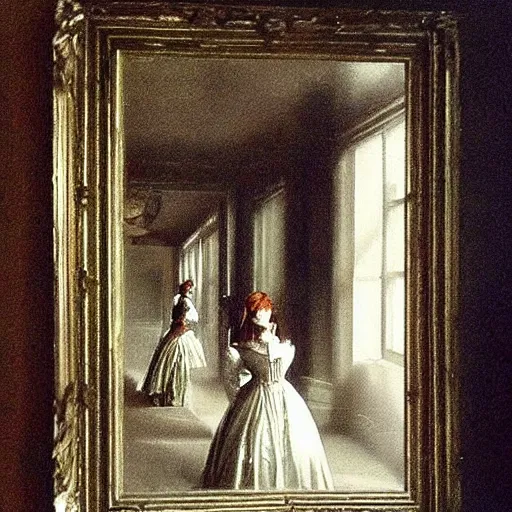 Prompt: a masterpiece painting of a beautiful victorian woman is frightened by her doppleganger in a mirror. she is in a long hallway of mirrors. elegant design, haunting atmosphere, dimly lit, gothic, horror style, realistic, low angle, 3 / 4 view.