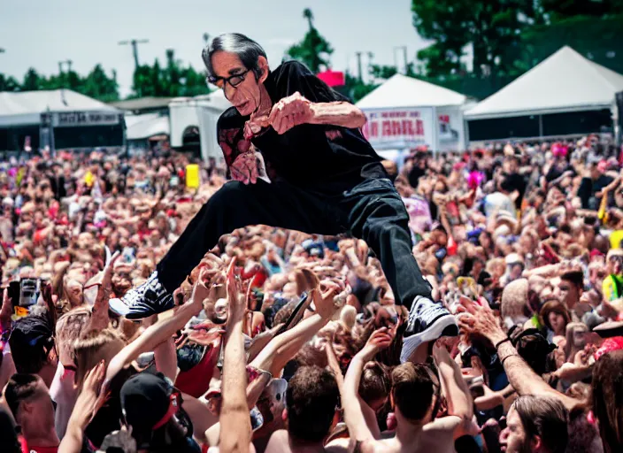 Image similar to photo still of richard belzer on stage at vans warped tour!!!!!!!! at age 3 3 years old 3 3 years of age!!!!!!!! stage diving into the crowd, 8 k, 8 5 mm f 1. 8, studio lighting, rim light, right side key light