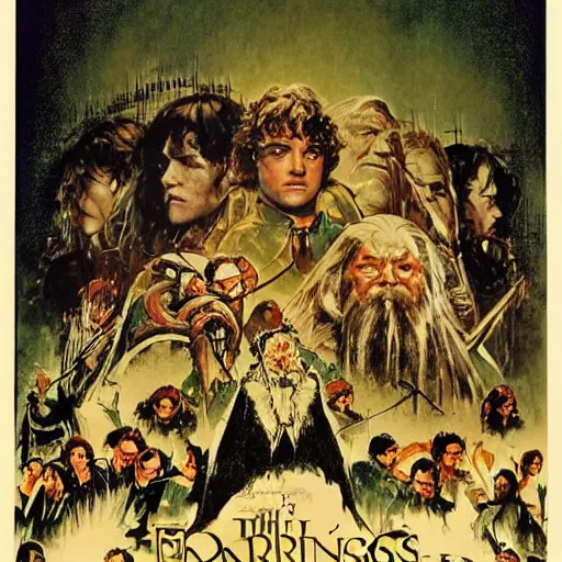 Image similar to variations on the legendary theatrical release poster of ralph bakshi lord of the rings movie, artist norman rockwell