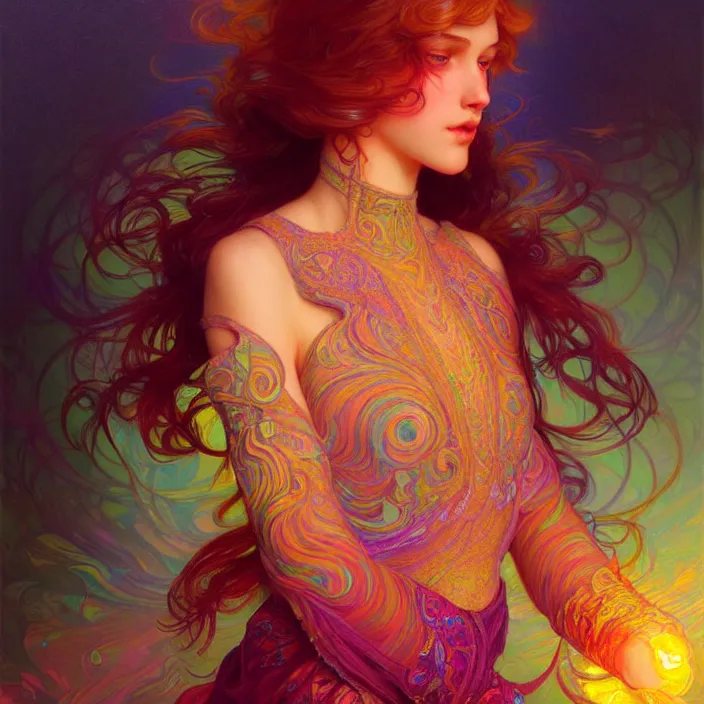 Image similar to bright psychedelic 4th dimension, diffuse lighting, fantasy, intricate, elegant, highly detailed, lifelike, photorealistic, digital painting, artstation, illustration, concept art, smooth, sharp focus, art by John Collier and Albert Aublet and Krenz Cushart and Artem Demura and Alphonse Mucha