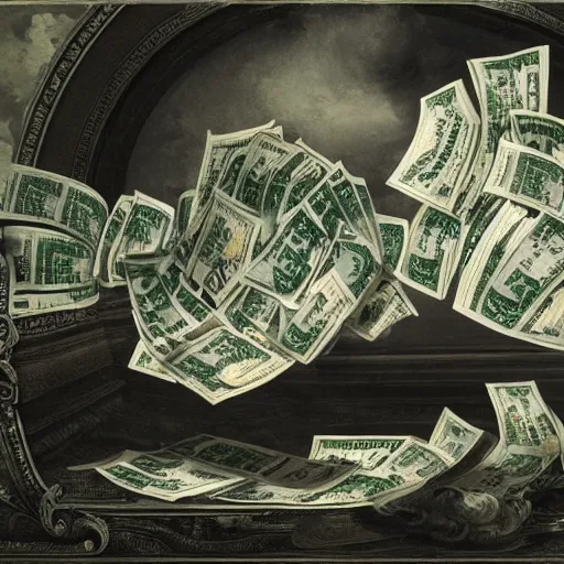 Prompt: dollar bills swirling in a tornado, dollar bills in the wind, raining dollar bills from the clouds in the background by Ansel Adams and Bernardo Bellotto, oil on canvas, artstation, dramatic scenery, masterpiece, aesthetic