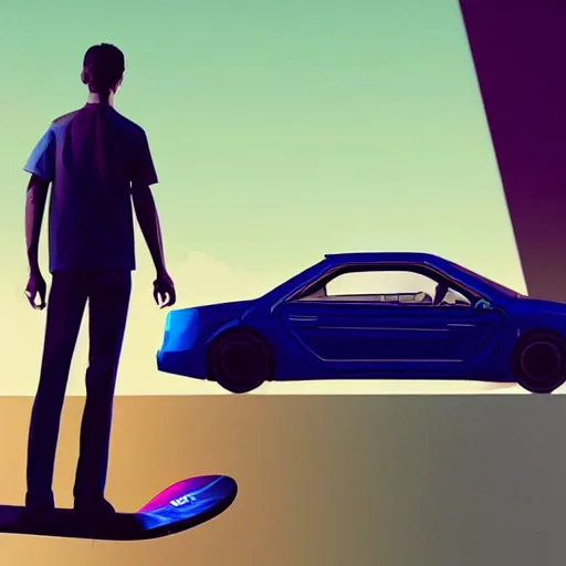 Image similar to a man holding a skateboard standing in front of a car, concept art by beeple, featured on cgsociety, retrofuturism, retrowave, synthwave, outrun