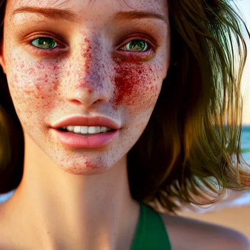 Image similar to portrait of a cute thin young woman, bronze brown hair, eye color is emerald green, red blush, cute freckles, smug smile, modern clothes, relaxing on the beach, golden hour, close up shot, 8 k, art by irakli nadar, hyperrealism, hyperdetailed, ultra realistic