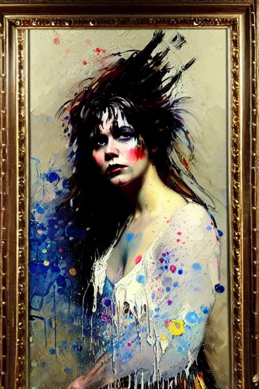 Image similar to impressionist brushstrokes spatter drips!!!! solomon joseph solomon and richard schmid and jeremy lipking victorian loose genre loose painting full length portrait painting of a young beautiful woman punk rocker