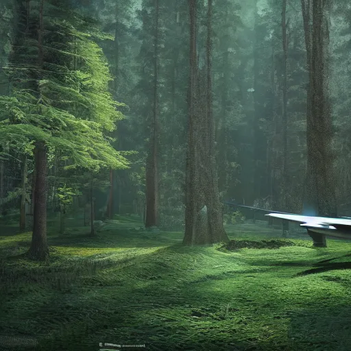 Prompt: starship sitting in the middle of a forest, stunning composition, Paul Chadeisson, cinema3D