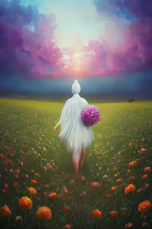 Image similar to giant white flower head, veil girl walking in a flower field, surreal photography, sunrise, dramatic light, impressionist painting, colorful clouds, digital painting, artstation, simon stalenhag