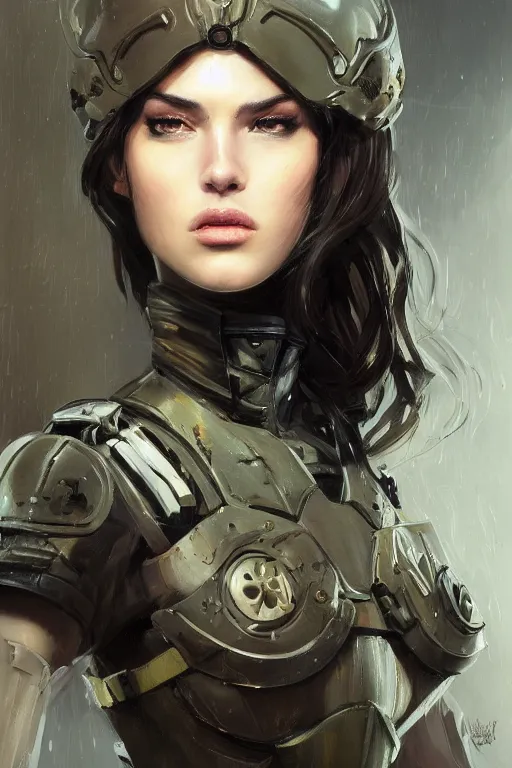 Image similar to a professionally painted portrait of an attractive young woman, clothed in military armor, olive skin, long dark hair, beautiful bone structure, symmetrical facial features, intricate, elegant, digital painting, trending on Artstation, concept art, smooth, sharp focus, illustration, from Metal Gear by Ruan Jia and Mandy Jurgens and Artgerm and William-Adolphe Bouguerea, award winning