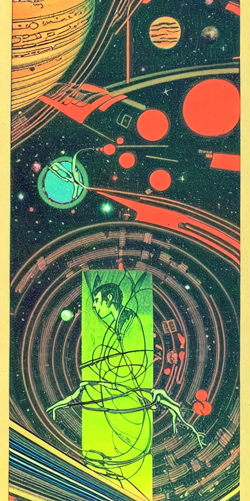 Image similar to 1968 science fiction tarot card, cut out collage, neon Roman, spring on Saturn, epic theater, deep sea, mountain plants, drawings in part by moebius, part by Ernst Haekl, text by William S Boroughs