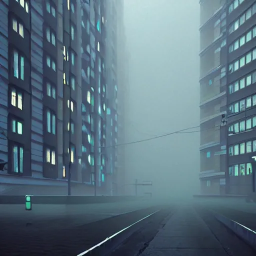 Prompt: Iridescent ghost lights spotted on a rainy street, mysterious lights, Soviet town, mass housing, Soviet five-story panel buildings, brutal concrete architecture, lush vegetation, foggy, post-processing, in the style of Hugh Ferriss, Behance. High detail, ultra realistic render, octane, 3D, photorealism, symmetric, cinematic