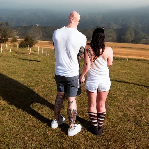 Image similar to portrait of a bald white male tattoos and his white female wife with tattoos. male is wearing a white t - shirt, tan shorts, white long socks. female is has long brown hair and a lot of tattoos. photo taken from behind them overlooking the field with a goat pen. rolling hills in the background of california and a partly cloudy sky