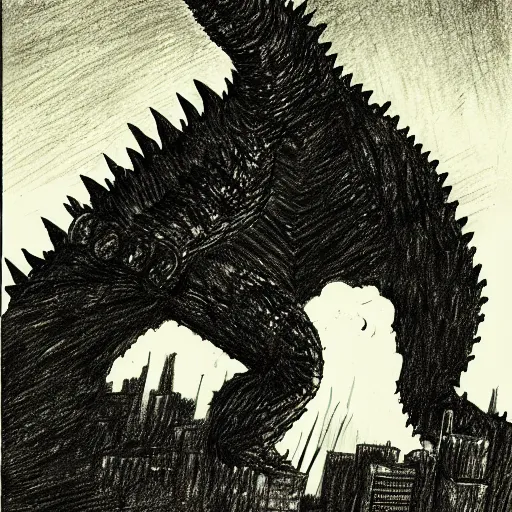Image similar to drawing of godzilla using a birthday hat, epic, incredible