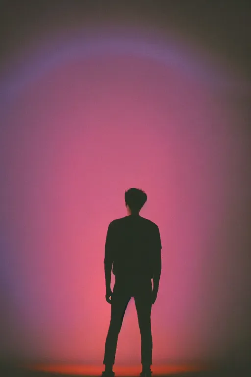 Image similar to kodak ultramax 4 0 0 photograph of a skinny guy looking into a bright otherworldly swirling glowing portal, back view, vaporwave colors, grain, moody lighting, moody aesthetic,