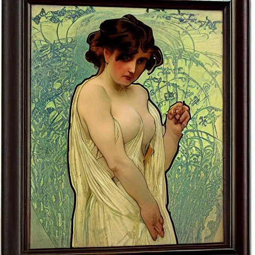 Image similar to pale woman, angry, painted by alphonse mucha