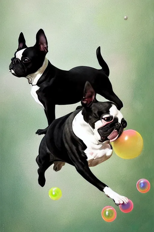 Image similar to a boston terrier chasing bubbles. clean elegant painting, beautiful details, lots of bubbles. by artgerm and greg rutkowski