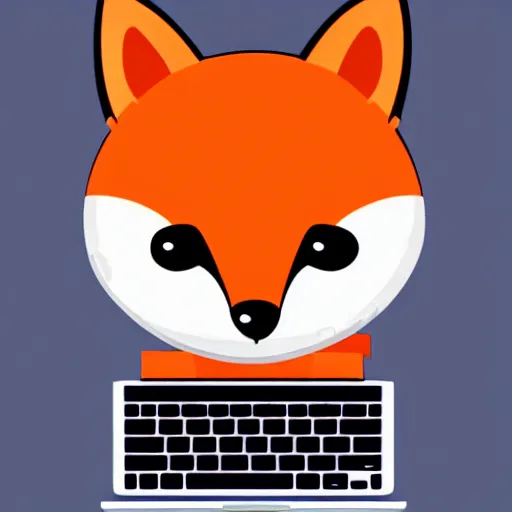 Prompt: icon of a cute fox sitting in front of laptop, cartoon, disney style, vivid colors, orange glow