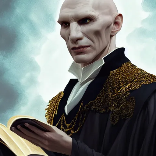 Prompt: Portrait of voldemort, D&D fantasy, wearing white and golden robes which look distinguished, he has a sophisticated expression and is holding a book. Intricate, highly detailed, digital painting, artstation, concept art, sharp focus, illustration, art by greg rutkowski and Ross Tran