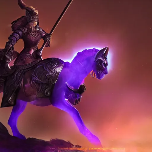 Image similar to female knight riding a chimera, holding a violet torch that lights up the dark forest during the night photorealistic
