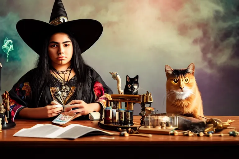 Image similar to 2 0 2 2 photo, close up portrait, dramatic lighting, concentration, calm confident hispanic teen witch and her cat, tarot cards displayed on the table in front of her, sage smoke, magic wand, a witch hat and cape, apothecary shelves in the background, alphonse mucha