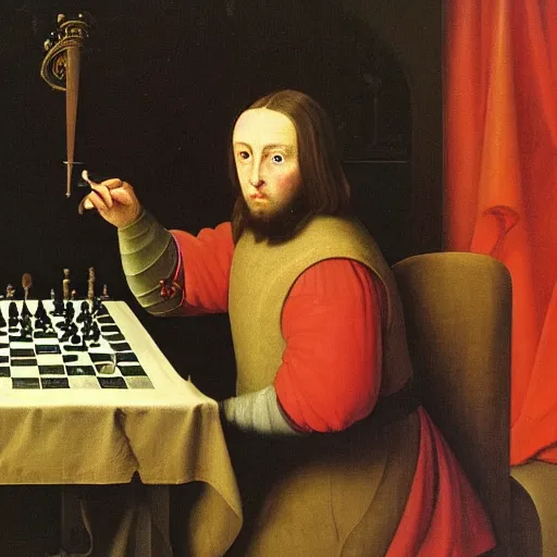 Image similar to portrait painting of a medieval King playing chess by George Stubbs, oil painting, old master, masterpiece