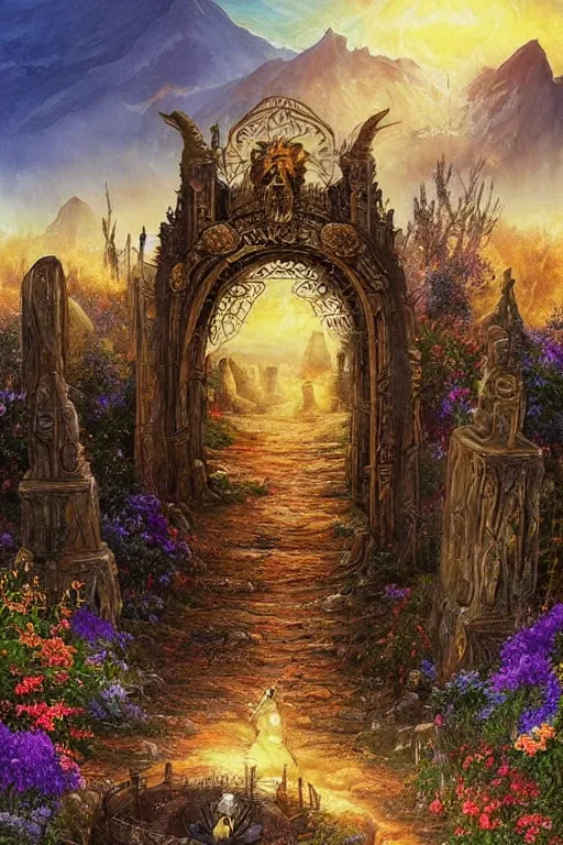 Prompt: A giant medieval fantasy energy portal gate with a rusty gold carved lion face with blue glowing eyes at the center of the gate, the portal takes you to another world, full of colorful flowers on the lost Vibes and mountains in the background, spring, delicate fog, sea breeze rises in the air, by andreas rocha and john howe, and Martin Johnson Heade, featured on artstation, featured on behance, golden ratio, ultrawide angle, f32, well composed, rule of thirds, center spotlight, low angle view