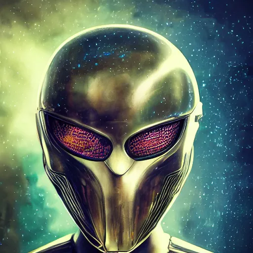 Prompt: dan mumford tom bagshaw, rainbow lighting world giger curiosities carnival stars, photorealistic medium shot octane render of a single very beautiful thicc female helmet face full long cyberpunk metallic armored ornate, accurate features, focus, very intricate ultrafine details, award winning masterpiece